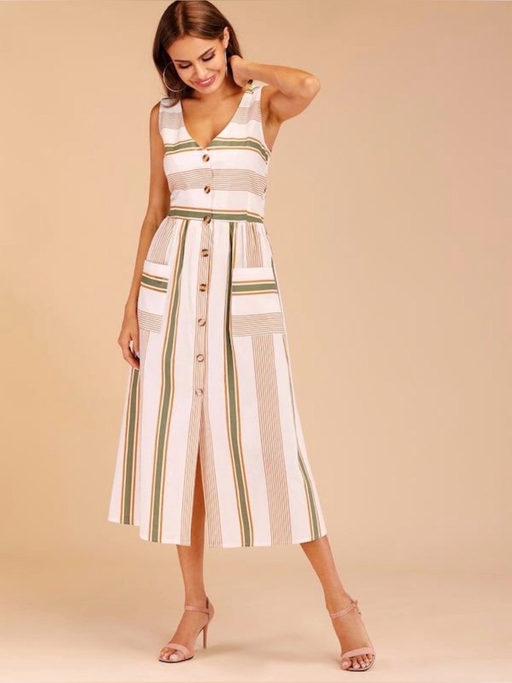 Zara Striped Rustic Dress Linen Button Front Pockets Self-tie Open Back